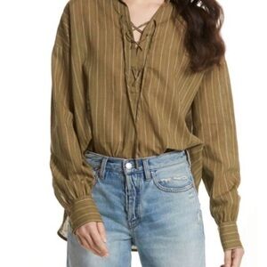 FREE PEOPLE LINEN LACE UP STRIPED PULLOVER SHIRT